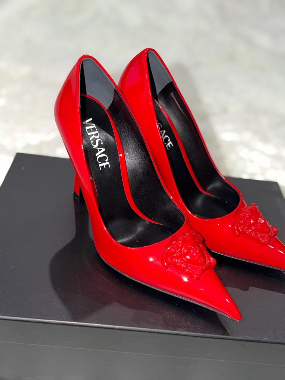 Versace Red Patent Leather Pointed Pumps with Medusa Detail